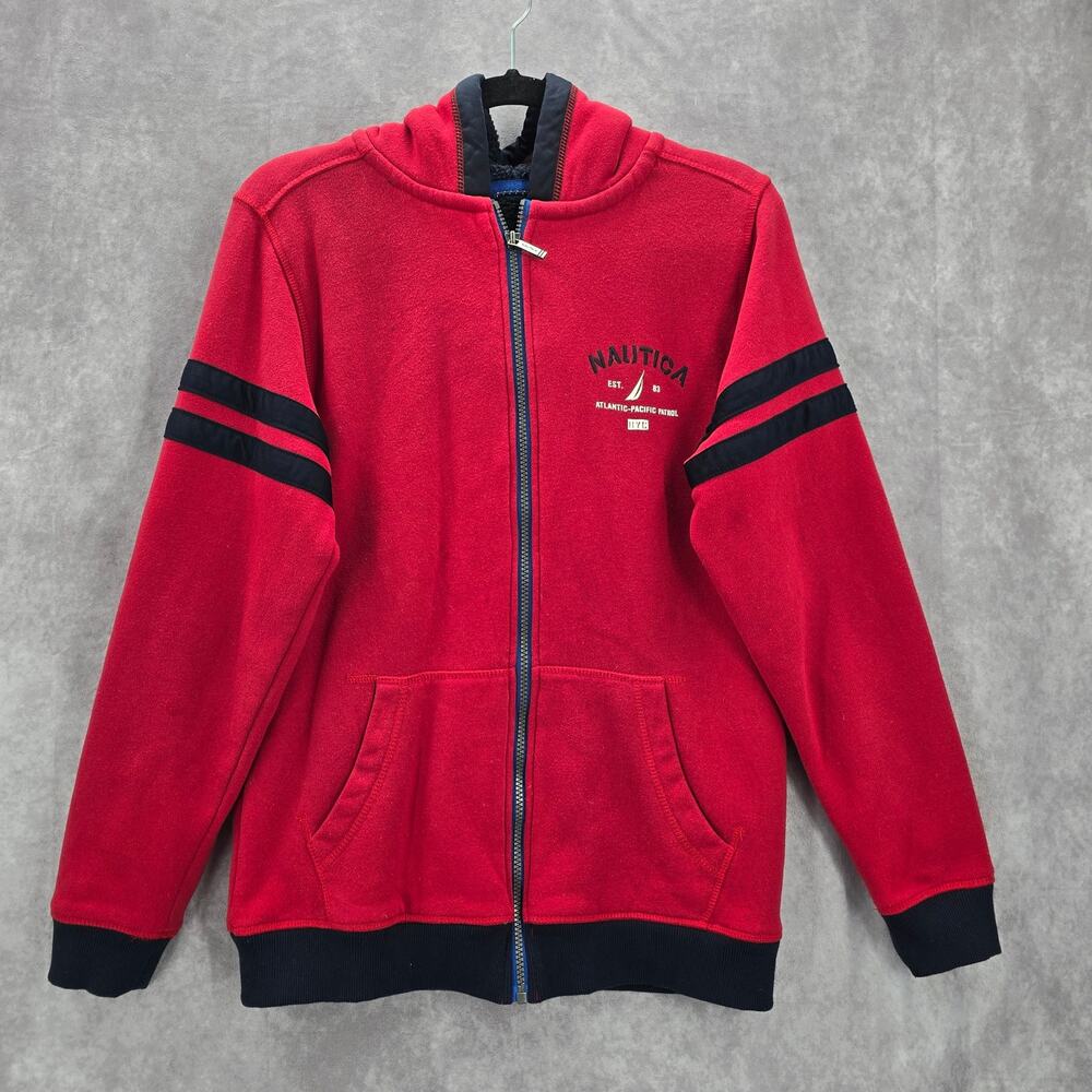 Nautica Red Zip Long Sleeve Fleece Sherpa Sweater Hoodie Boys Youth XL 18 20‎